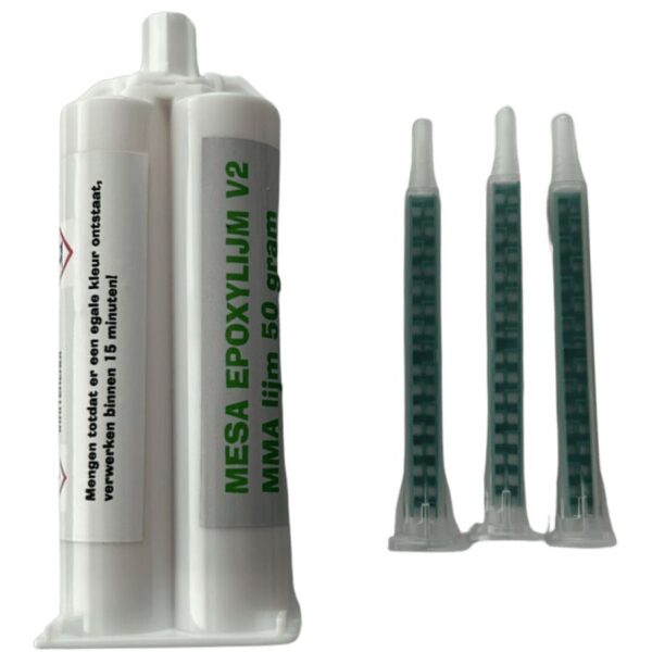 epoxylijm v2 een beresterke MMA lijm voor metalen en alle andere materialen 50 gram met 3 mengtuiten